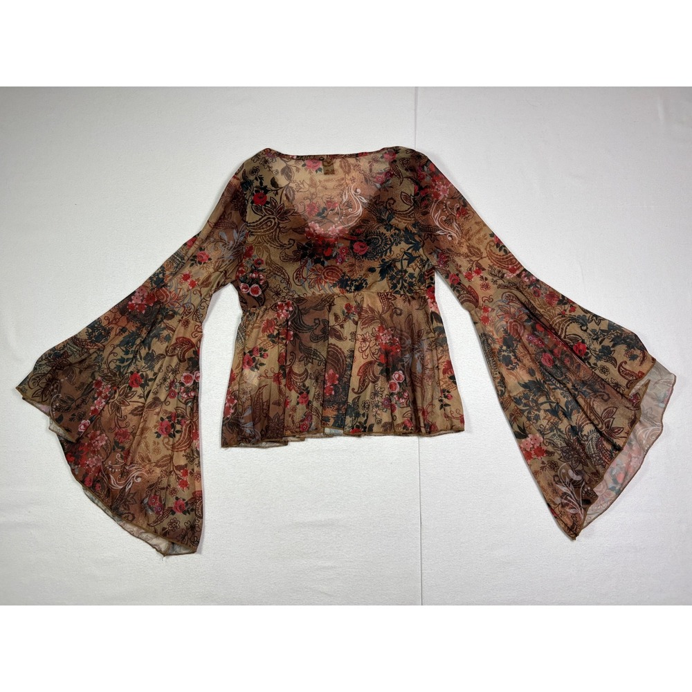 Shein Curve Womens 0XL Brown Floral Paisley Mesh Flare Bell Sleeve Tie Front Top